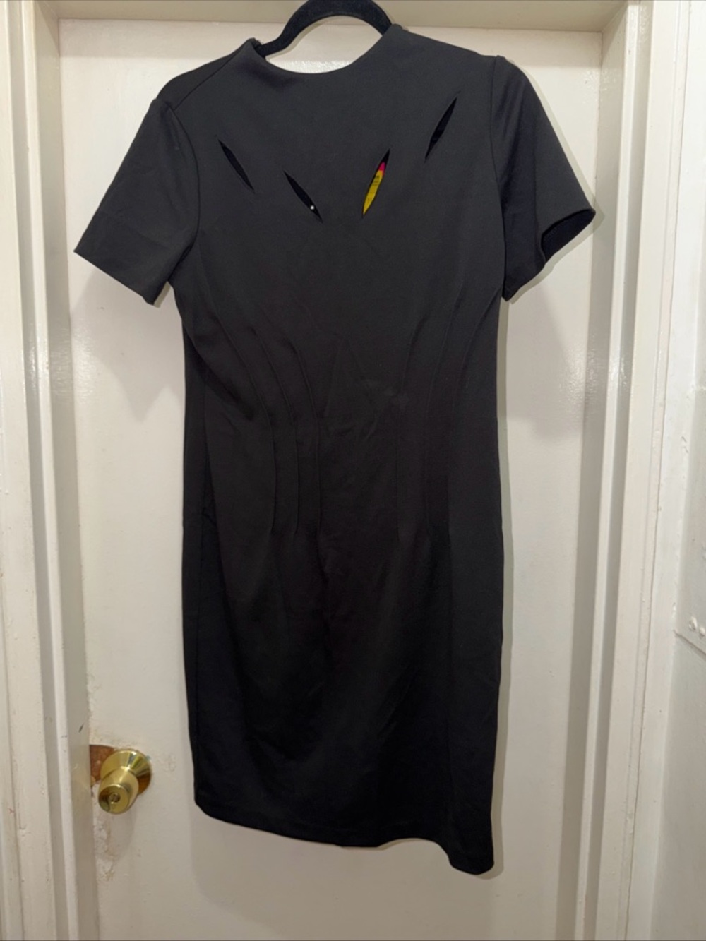 Catherine Malandrino Black Short-Sleeve Midi Sheath Dress with Cutout Accents